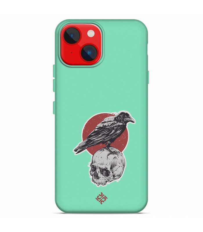 Funda Silicona Suave  [ iPhone 14 Plus ] Verde [ Cuervo y calavera ] Carcasa Liquida Case Cover.
