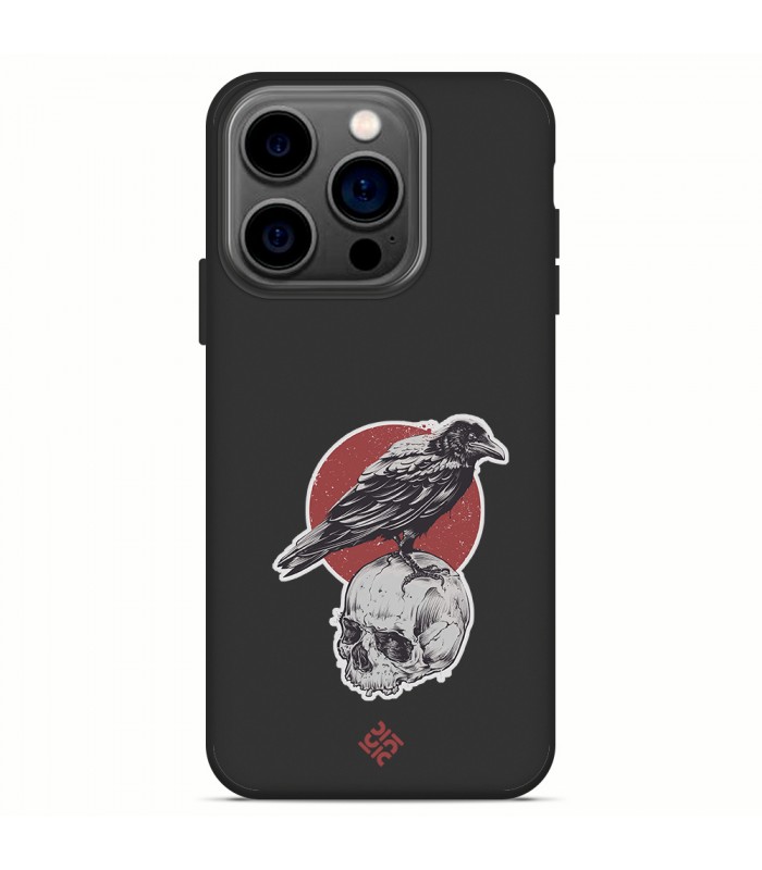 Funda Silicona Suave  [ iPhone 14 Pro ] Negro [ Cuervo y calavera ] Carcasa Liquida Case Cover.