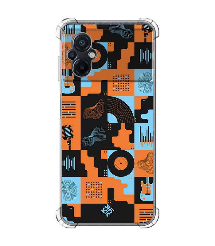 Funda Antigolpe [ POCO M5 ] Diseño Música [ Iconos Música Naranja y Azul ] Esquina Reforzada Silicona 1.5mm Transparente
