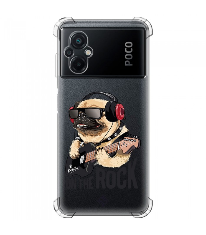 Funda Antigolpe [ POCO M5 ] Diseño Música [ Pug Perro con Auriculares ] Esquina Reforzada Silicona 1.5mm Transparente