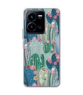 Funda para [ Vivo Y35 ] Dibujo Botánico [ Cactus Con Flores Rosas ] de Silicona Flexible para Smartphone