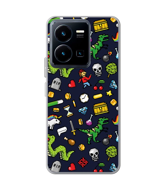 Funda para [ Vivo Y35 ] Dibujo Gamers [ Iconos de Juego Retro Pixel Art 8 Bits ] de Silicona Flexible