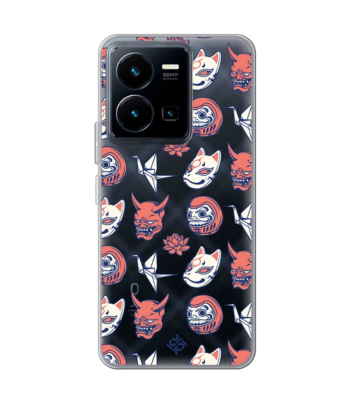 Funda para [ Vivo Y35 ] Dibujo Japones [ Daruma, Máscara Kitsune y Hannya Japon ] de Silicona