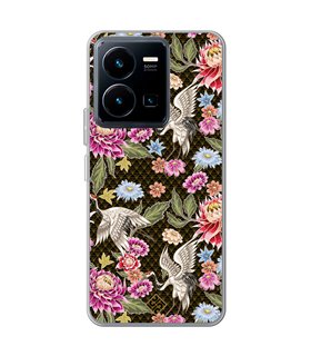 Funda para [ Vivo Y35 ] Dibujo Japones [ Estampado de Flores y Grúas Blancas ] de Silicona