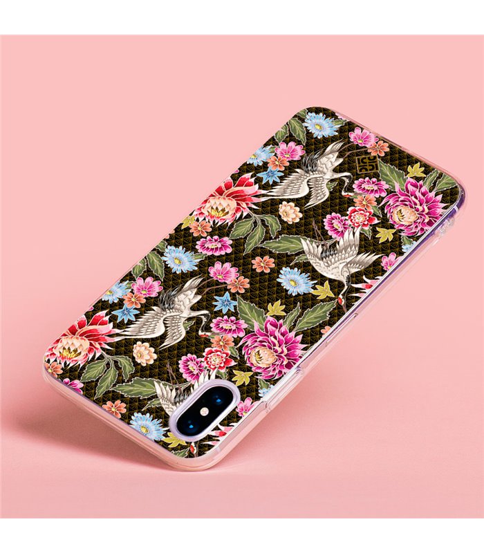 Funda para [ Vivo Y35 ] Dibujo Japones [ Estampado de Flores y Grúas Blancas ] de Silicona