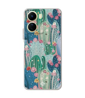 Funda para [ Vivo Y16 ] Dibujo Botánico [ Cactus Con Flores Rosas ] de Silicona Flexible para Smartphone