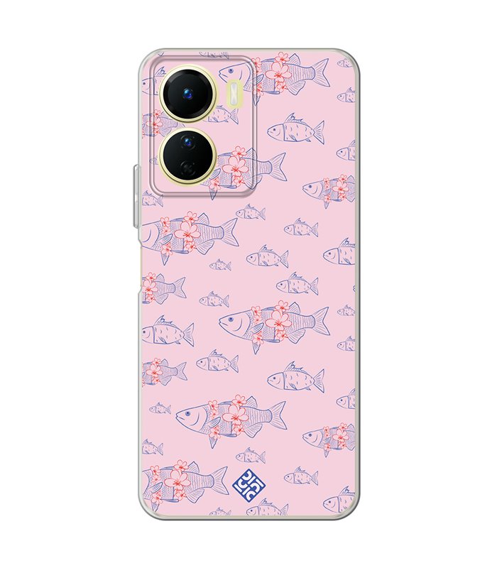 Funda para [ Vivo Y16 ] Dibujo Japones [ Sakura y Pescado Rosa Pastel ] de Silicona Flexible para Smartphone