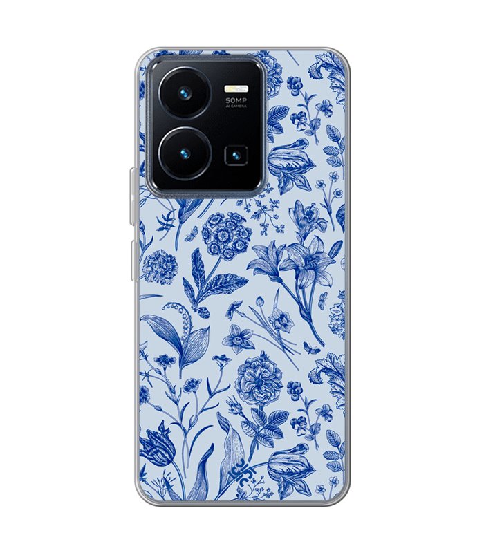 Funda para [ Vivo Y22s ] Dibujo Botánico [ Flores Silvestres Patron Azul ] de Silicona Flexible para Smartphone