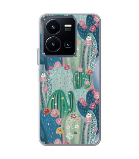 Funda para [ Vivo Y22s ] Dibujo Botánico [ Cactus Con Flores Rosas ] de Silicona Flexible para Smartphone