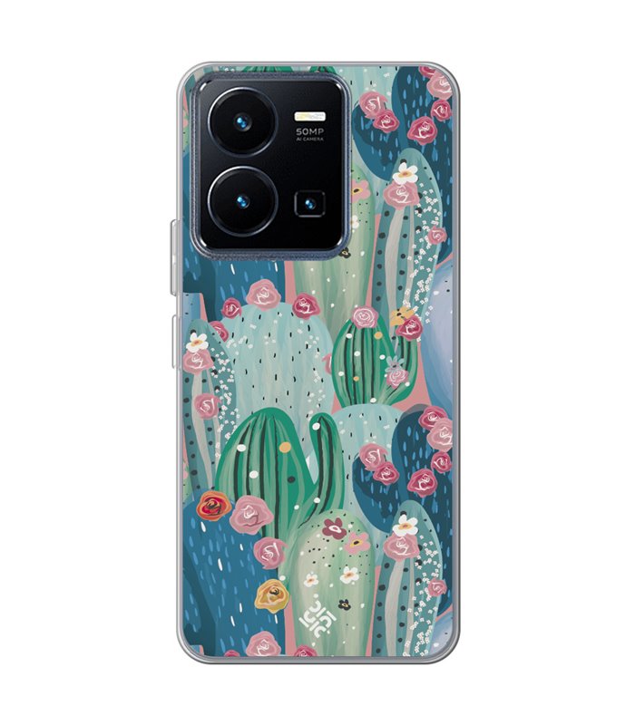 Funda para [ Vivo Y22s ] Dibujo Botánico [ Cactus Con Flores Rosas ] de Silicona Flexible para Smartphone