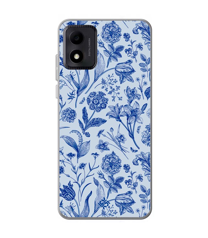 Funda para [ TCL 305i ] Dibujo Botánico [ Flores Silvestres Patron Azul ] de Silicona Flexible para Smartphone