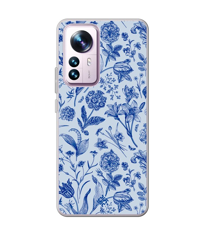 Funda para [ Xiaomi 12T - 12T Pro ] Dibujo Botánico [ Flores Silvestres Patron Azul ] de Silicona Flexible