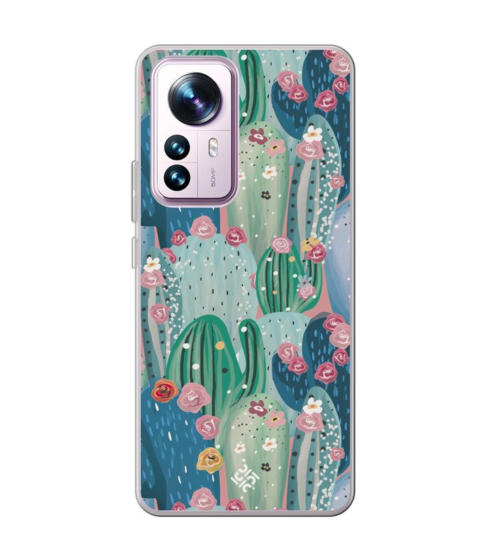 Funda para [ Xiaomi 12T - 12T Pro ] Dibujo Botánico [ Cactus Con Flores Rosas ] de Silicona Flexible para Smartphone