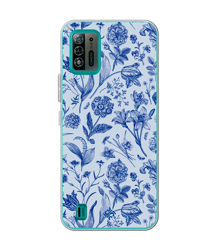 Funda para [ ZTE Blade A52 Lite ] Dibujo Botánico [ Flores Silvestres Patron Azul ] de Silicona Flexible