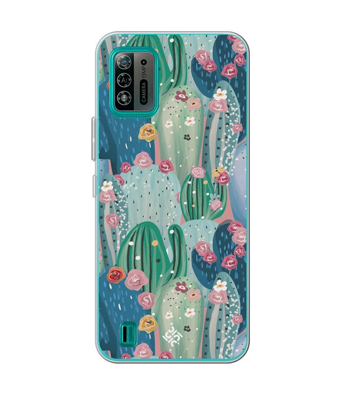 Funda para [ ZTE Blade A52 Lite ] Dibujo Botánico [ Cactus Con Flores Rosas ] de Silicona Flexible para Smartphone