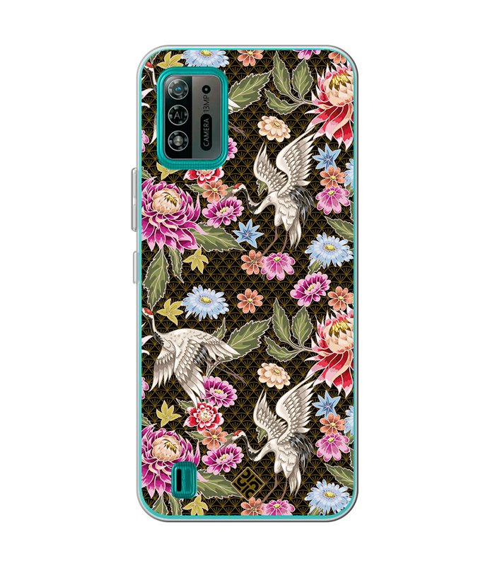 Funda para [ ZTE Blade A52 Lite ] Dibujo Japones [ Estampado de Flores y Grúas Blancas ] de Silicona