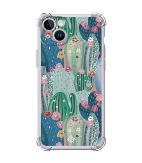 Funda Antigolpe [ iPhone 14 ] Dibujo Botánico [ Cactus Con Flores Rosas ] Esquina Reforzada Silicona 1.5mm Transparente