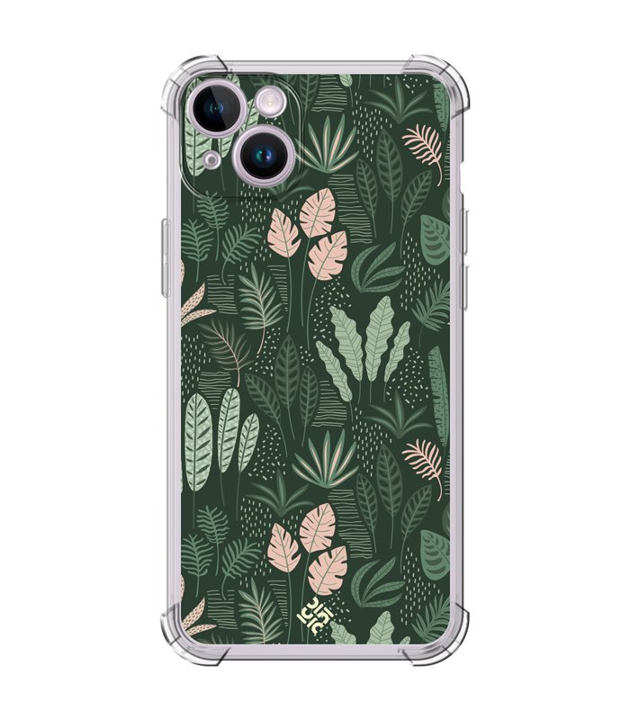 Funda Antigolpe [ iPhone 14 ] Dibujo Botánico [ Patron Flora Vegetal Verde y Rosa ] Esquina Reforzada Silicona 1.5mm