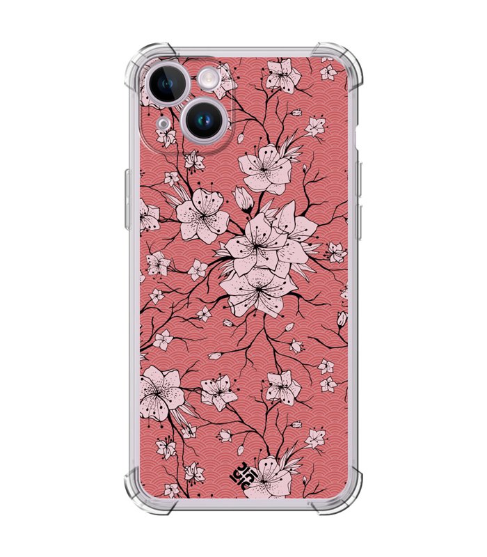 Funda Antigolpe [ iPhone 14 ] Dibujo Botánico [ Flores sakura con patron japones ] Esquina Reforzada Silicona 1.5mm