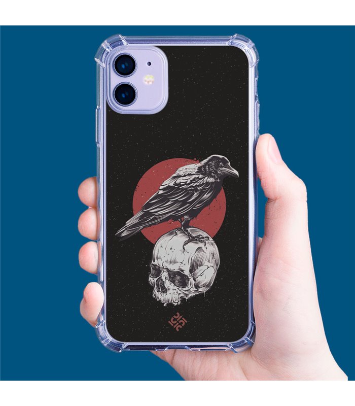 Funda Antigolpe [ iPhone 14 ] Dibujo Gotico [ Cuervo Sobre Cráneo ] Esquina Reforzada Silicona 1.5mm Transparente