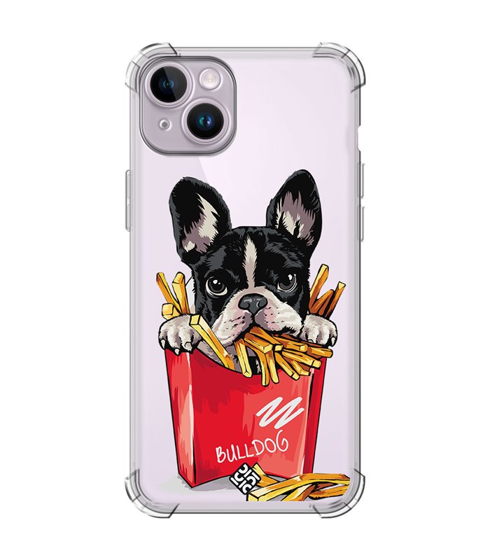 Funda Antigolpe [ iPhone 14 ] Dibujo Mascotas [ Perrito Bulldog con Patatas ] Esquina Reforzada Silicona 1.5mm Transparente