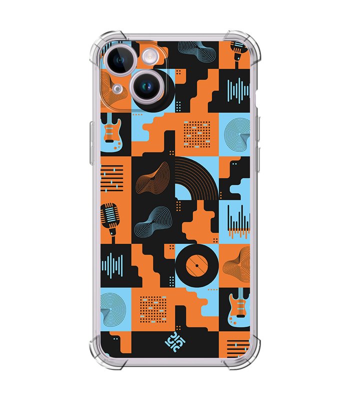 Funda Antigolpe [ iPhone 14 ] Diseño Música [ Iconos Música Naranja y Azul ] Esquina Reforzada Silicona 1.5mm Transparente