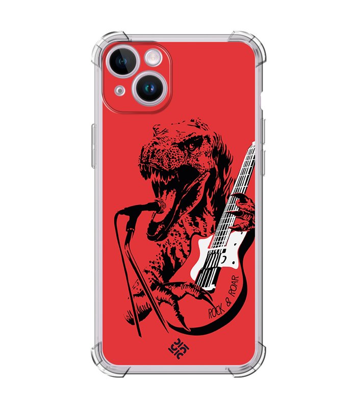 Funda Antigolpe [ iPhone 14 ] Diseño Música [ Rock & Roar - Dinosaurio Tocando la Guitarra ] Esquina Reforzada Silicona