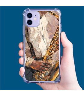 Funda Antigolpe [ iPhone 14 ] Diseño Música [ Pintura - Tocando el Saxofón ] Esquina Reforzada Silicona Transparente