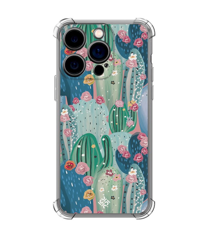 Funda Antigolpe [ iPhone 14 Pro ] Dibujo Botánico [ Cactus Con Flores Rosas ] Esquina Reforzada Silicona 1.5mm Transparente