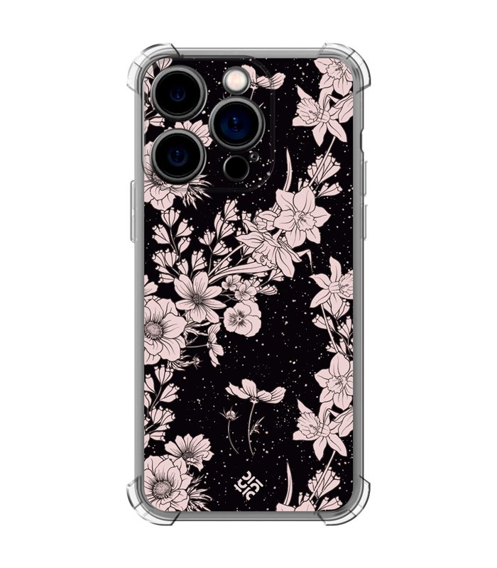 Funda Antigolpe [ iPhone 14 Pro ] Dibujo Botánico [ Flores de amapola daffodil, anémona, violeta en fondo estrellado ] Esquina
