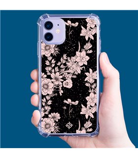 Funda Antigolpe [ iPhone 14 Pro ] Dibujo Botánico [ Flores de amapola daffodil, anémona, violeta en fondo estrellado ] Esquina