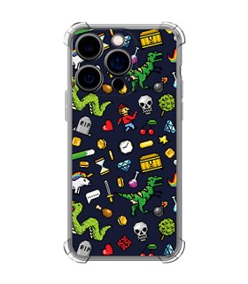 Funda Antigolpe [ iPhone 14 Pro ] Dibujo Gamers [ Iconos de Juego Retro Pixel Art 8 Bits ] Esquina Reforzada Silicona 1.5mm 