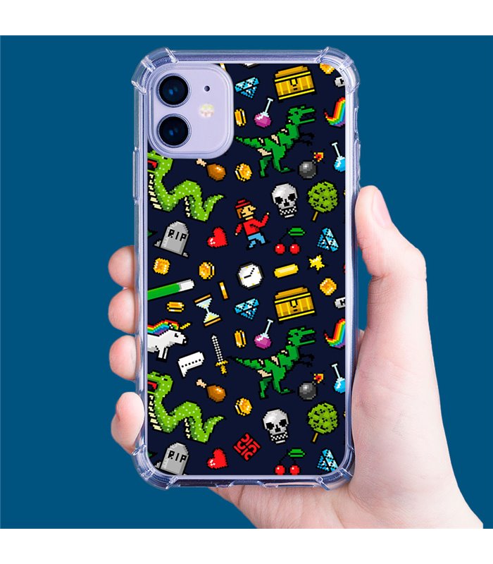 Funda Antigolpe [ iPhone 14 Pro ] Dibujo Gamers [ Iconos de Juego Retro Pixel Art 8 Bits ] Esquina Reforzada Silicona 1.5mm 