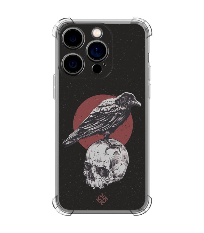 Funda Antigolpe [ iPhone 14 Pro ] Dibujo Gotico [ Cuervo Sobre Cráneo ] Esquina Reforzada Silicona 1.5mm Transparente