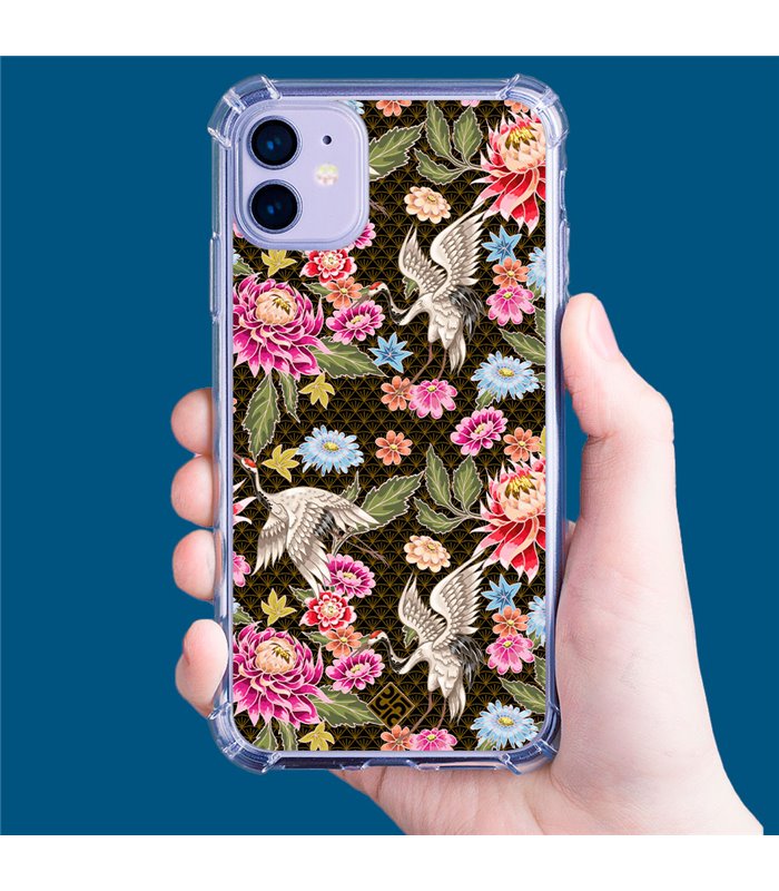 Funda Antigolpe [ iPhone 14 Pro ] Dibujo Japones [ Estampado de Flores y Grúas Blancas ] Esquina Reforzada Silicona 1.5mm