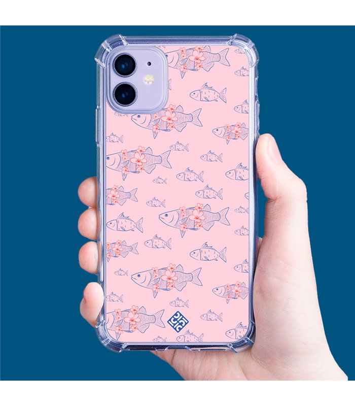 Funda Antigolpe [ iPhone 14 Pro ] Dibujo Japones [ Sakura y Pescado Rosa Pastel ] Esquina Reforzada Silicona Transparente