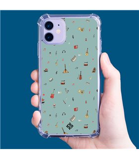 Funda Antigolpe [ iPhone 14 Pro ] Diseño Música [ Collage Instrumentos Musicales ] Esquina Reforzada Silicona Transparente