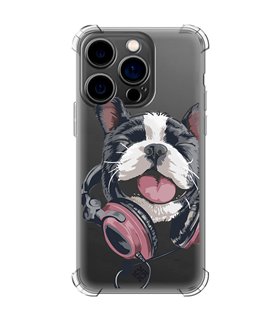 Funda Antigolpe [ iPhone 14 Pro ] Diseño Música [ Perro Feliz Escuchando Música ] Esquina Reforzada Silicona Transparente