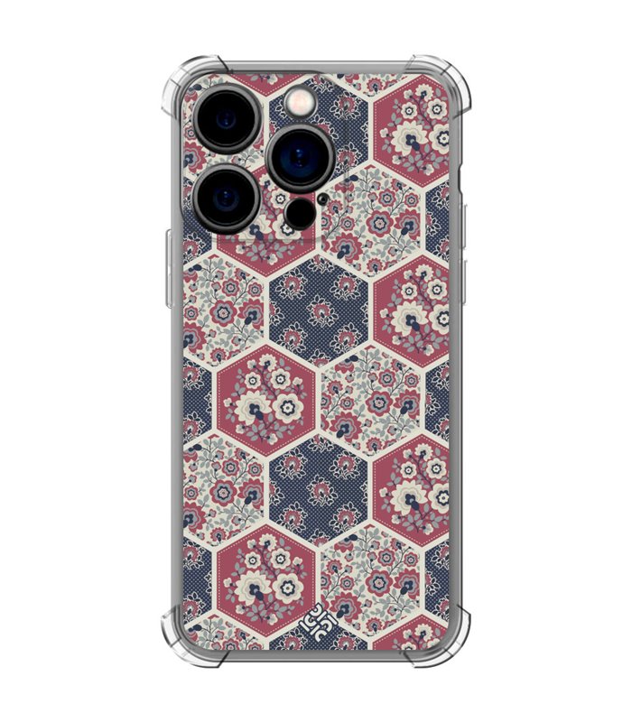 Funda Antigolpe [ iPhone 14 Pro ] Dibujo Tendencias [ Diseño Azulejos Hexágonales con Flores ] Esquina Reforzada Silicona