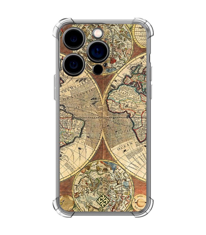 Funda Antigolpe [ iPhone 14 Pro ] Dibujo Auténtico [ Antiguo Mapa Mundi ] Esquina Reforzada Silicona 1.5mm Transparente