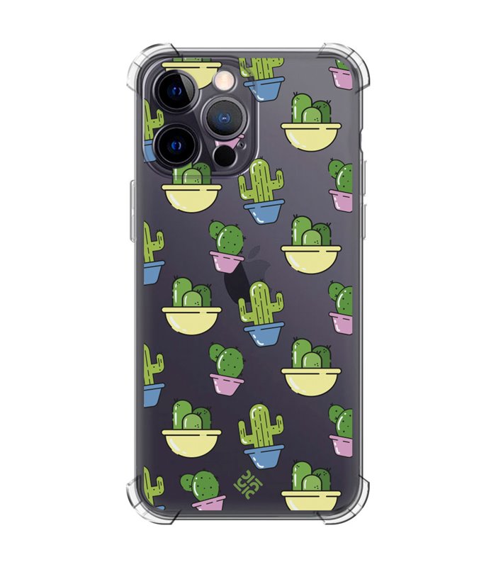 Funda Antigolpe [ iPhone 14 Pro Max ] Dibujo Auténtico [ Cactus en Macetas ] Esquina Reforzada Silicona 1.5 Transparente