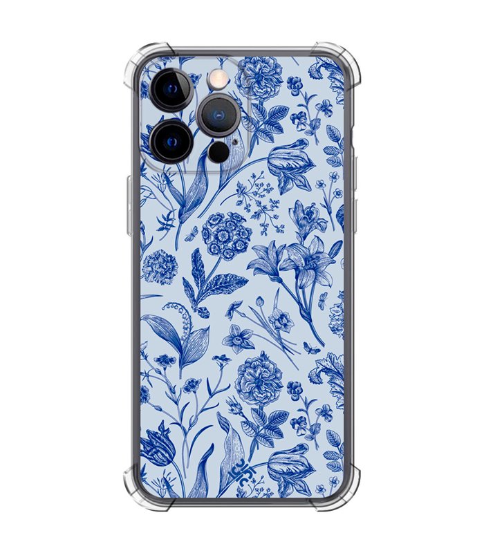 Funda Antigolpe [ iPhone 14 Pro Max ] Dibujo Botánico [ Flores Silvestres Patron Azul ] Esquina Reforzada Silicona 1.5