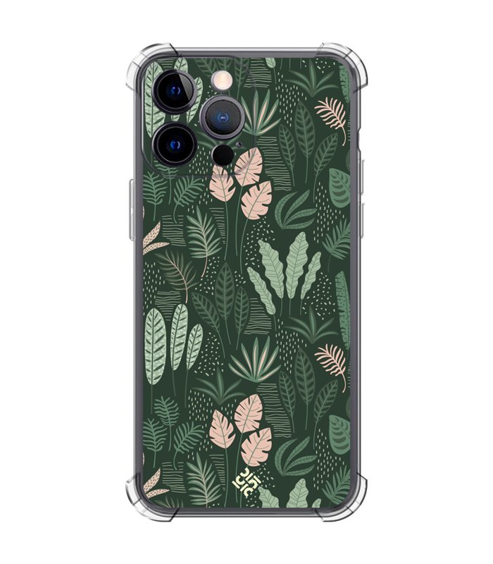 Funda Antigolpe [ iPhone 14 Pro Max ] Dibujo Botánico [ Patron Flora Vegetal Verde y Rosa ] Esquina Reforzada 1.5mm