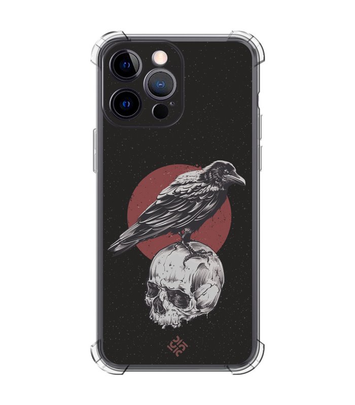 Funda Antigolpe [ iPhone 14 Pro Max ] Dibujo Gotico [ Cuervo Sobre Cráneo ] Esquina Reforzada Silicona 1.5mm Transparente