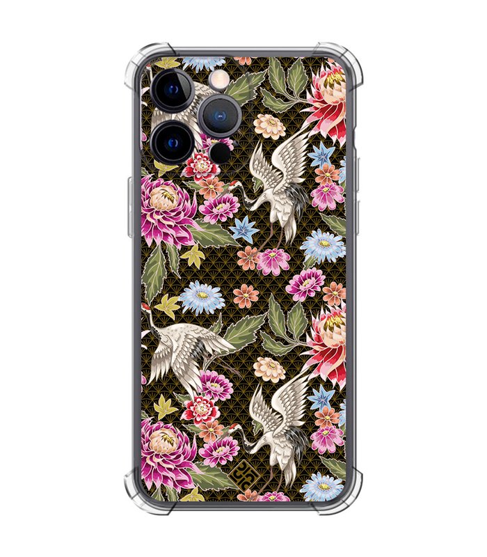 Funda Antigolpe [ iPhone 14 Pro Max ] Dibujo Japones [ Estampado de Flores y Grúas Blancas ] Esquina Reforzada Silicona 1.5