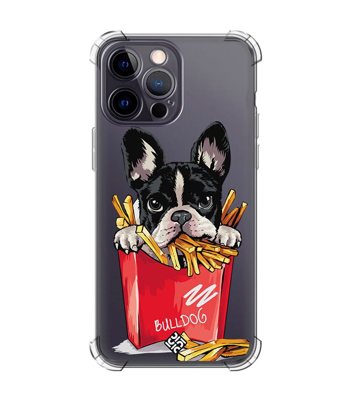 Funda Antigolpe [ iPhone 14 Pro Max ] Dibujo Mascotas [ Perrito Bulldog con Patatas ] Esquina Reforzada 1.5mm Transparente