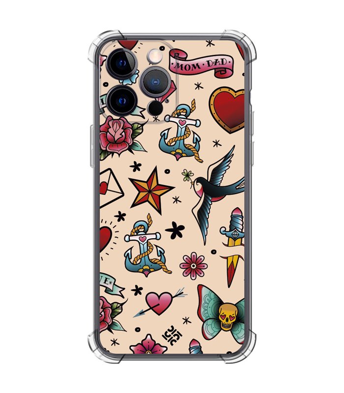 Funda Antigolpe [ iPhone 14 Pro Max ] Dibujo Tendencias [ Tatuajes Clásicos ] Esquina Reforzada Silicona 1.5mm Transparente