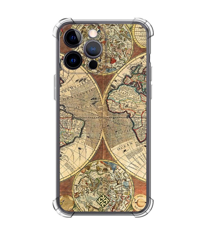 Funda Antigolpe [ iPhone 14 Pro Max ] Dibujo Auténtico [ Antiguo Mapa Mundi ] Esquina Reforzada Silicona 1.5mm Transparente