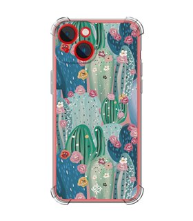 Funda Antigolpe [ iPhone 14 Plus ] Dibujo Botánico [ Cactus Con Flores Rosas ] Esquina Reforzada Silicona 1.5mm Transparente