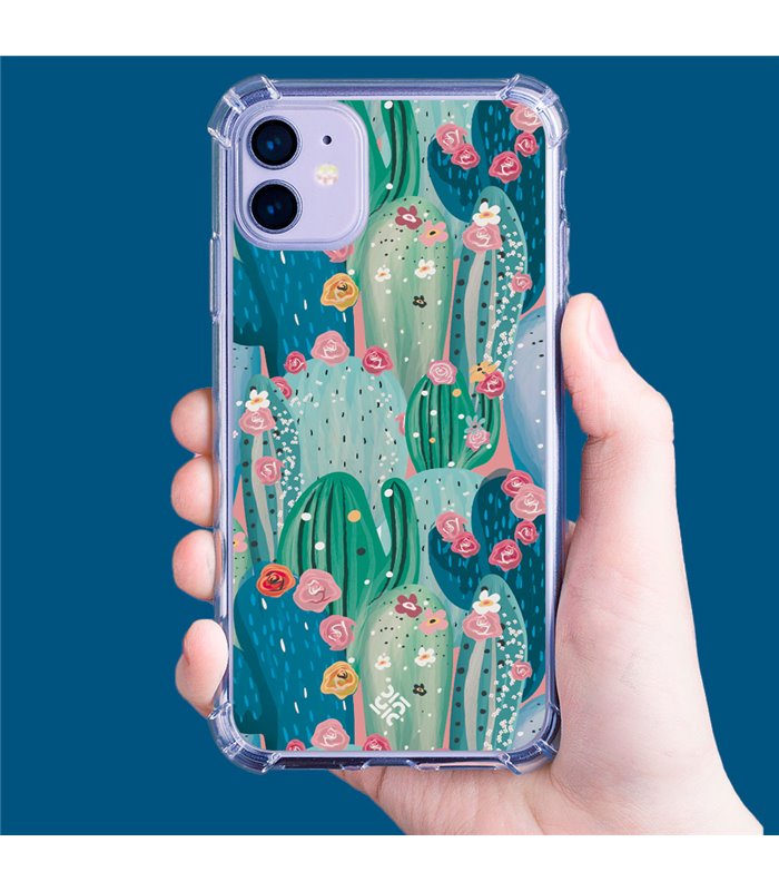 Funda Antigolpe [ iPhone 14 Plus ] Dibujo Botánico [ Cactus Con Flores Rosas ] Esquina Reforzada Silicona 1.5mm Transparente